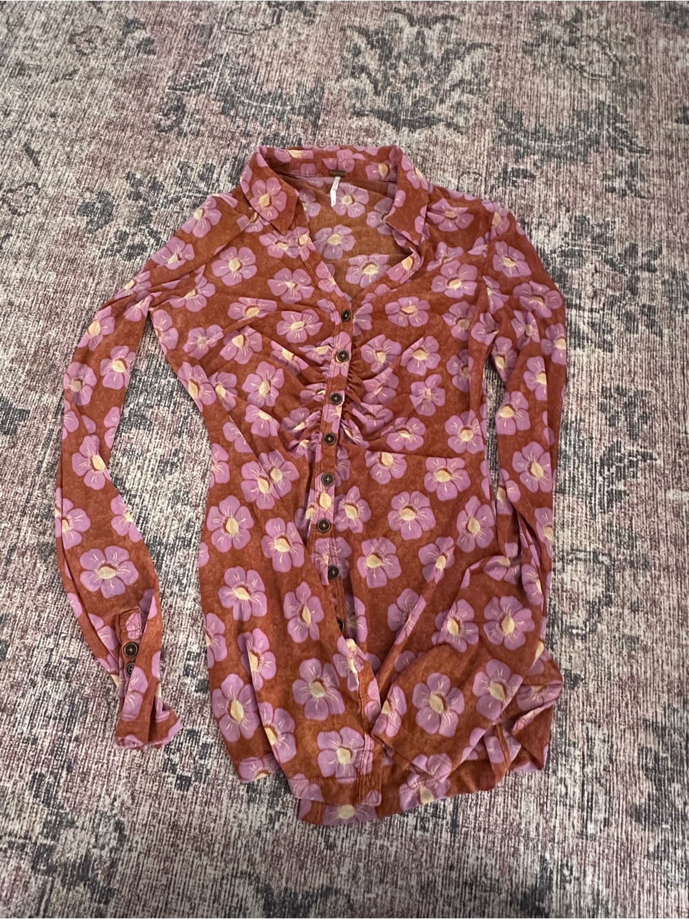 Free People Rust Floral Button-Front Long Sleeve Shirt